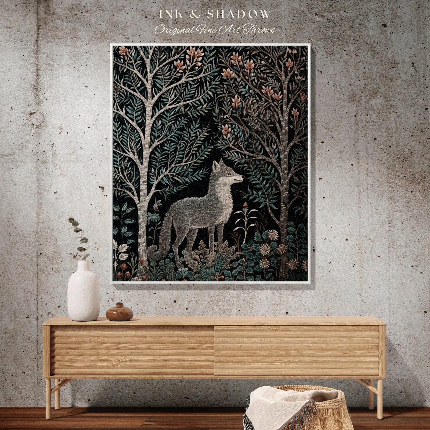 Woodland Gothic Scandinavian Folk Blanket | Danish Pastel Wolf Blanket Woven Tapestry William Morris Style Woodland Goth Dark Cottagecore |