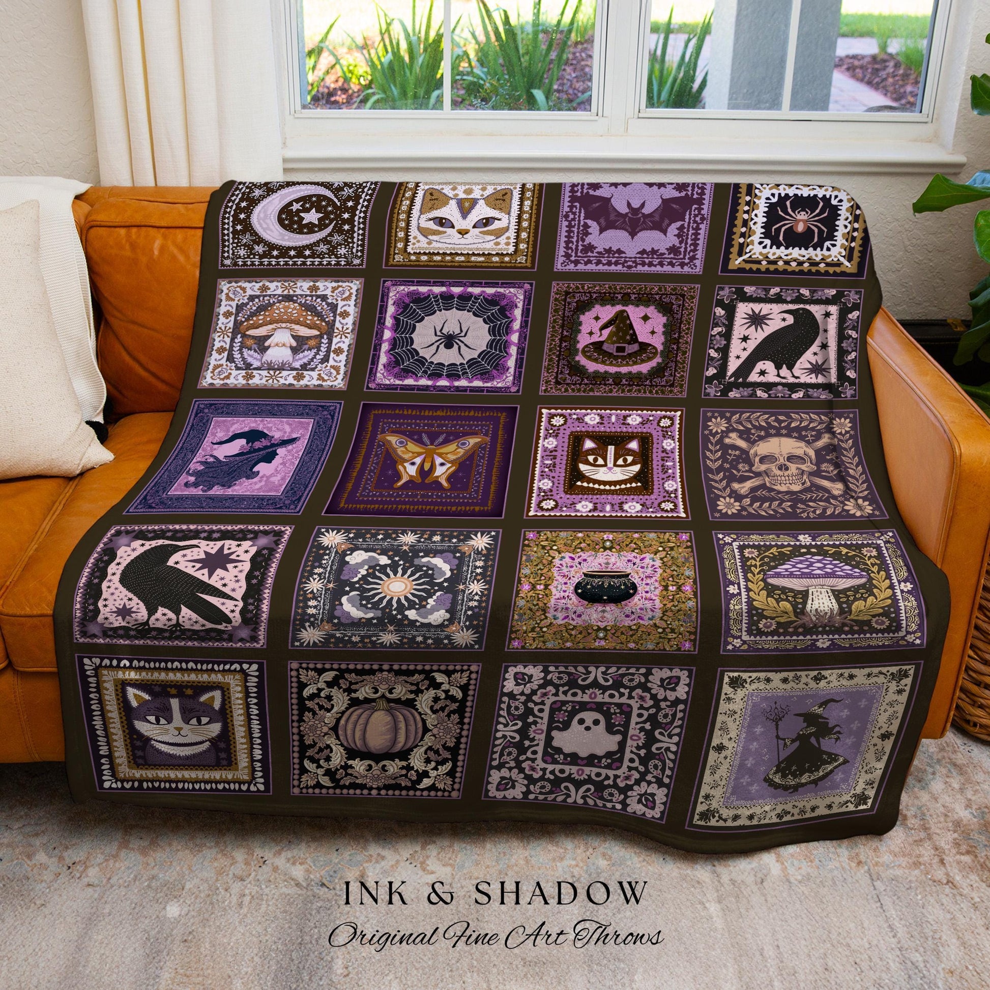 Cozy Cute Whimsigoth Halloween Patchwork Purple Blanket Witchy Folk Art Throw | Magic Witchy Tapestry Style Dark Academia Woven Wall Art