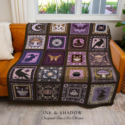 Cozy Cute Whimsigoth Halloween Patchwork Purple Blanket Witchy Folk Art Throw | Magic Witchy Tapestry Style Dark Academia Woven Wall Art