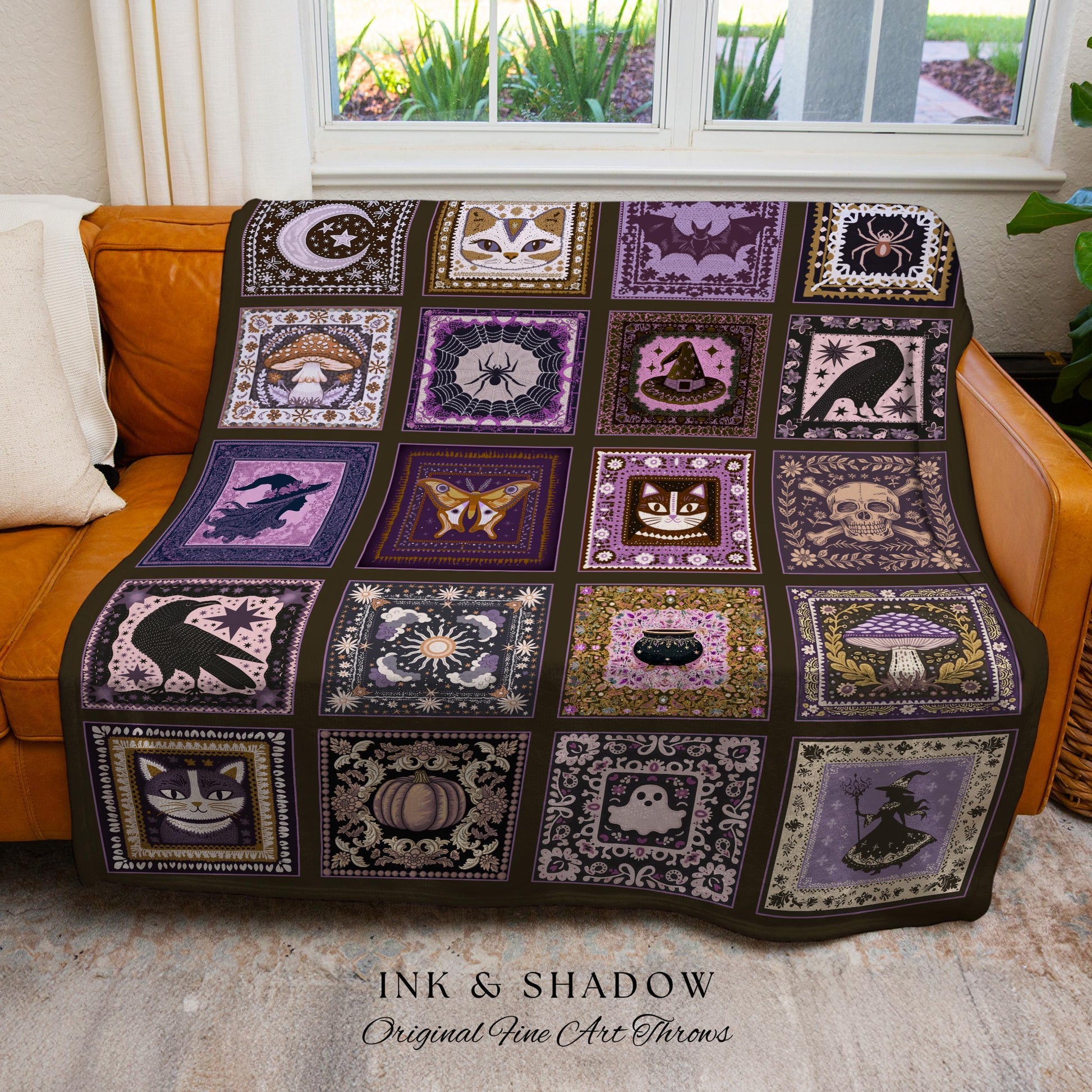 Cozy Cute Whimsigoth Halloween Patchwork Purple Blanket Witchy Folk Art Throw | Magic Witchy Tapestry Style Dark Academia Woven Wall Art