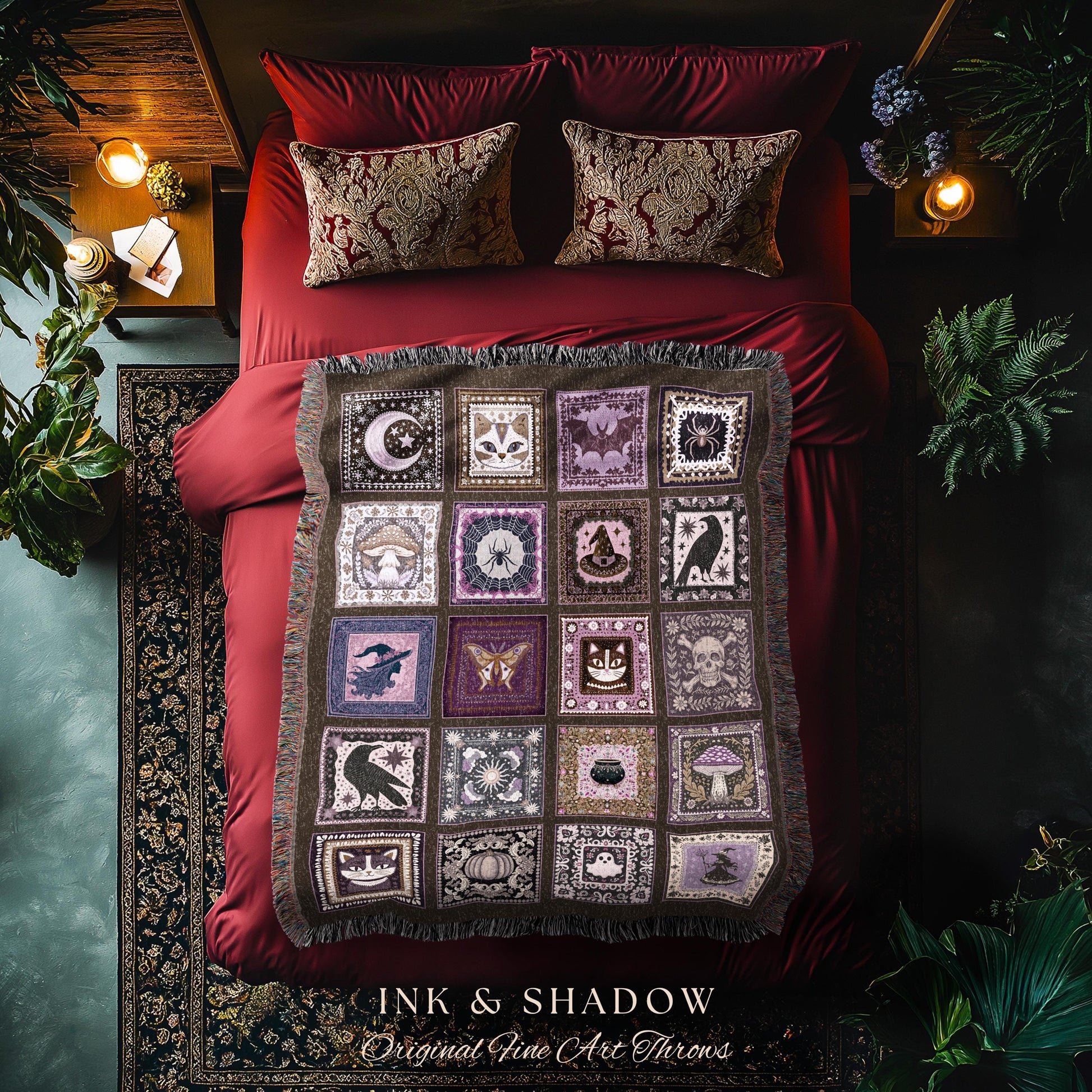 Cozy Cute Whimsigoth Halloween Patchwork Purple Blanket Witchy Folk Art Throw | Magic Witchy Tapestry Style Dark Academia Woven Wall Art