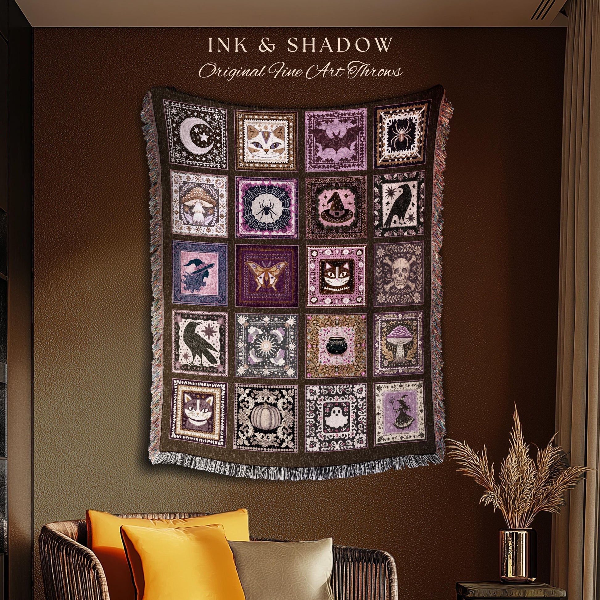 Cozy Cute Whimsigoth Halloween Patchwork Purple Blanket Witchy Folk Art Throw | Magic Witchy Tapestry Style Dark Academia Woven Wall Art