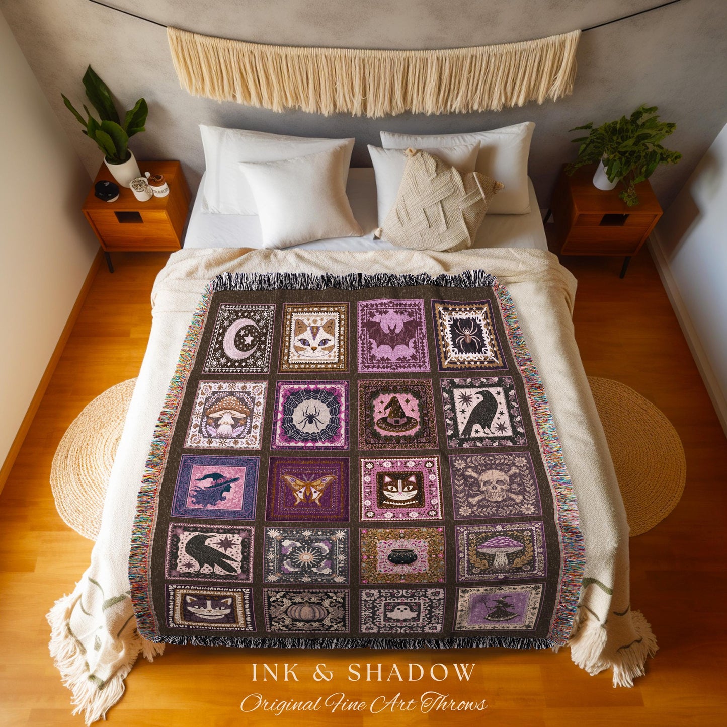 Cozy Cute Whimsigoth Halloween Patchwork Purple Blanket Witchy Folk Art Throw | Magic Witchy Tapestry Style Dark Academia Woven Wall Art