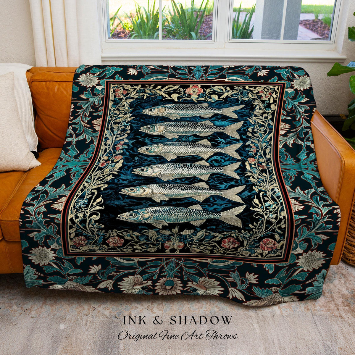Bohemian Whimsy Sardine Blanket Coastal Ocean Academia Decor, Fairy Grunge Cottagecore Sealife Marine Rustic Fish Beach House Tapestry Throw