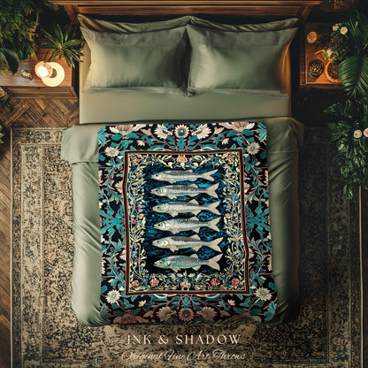 Bohemian Whimsy Sardine Blanket Coastal Ocean Academia Decor, Fairy Grunge Cottagecore Sealife Marine Rustic Fish Beach House Tapestry Throw