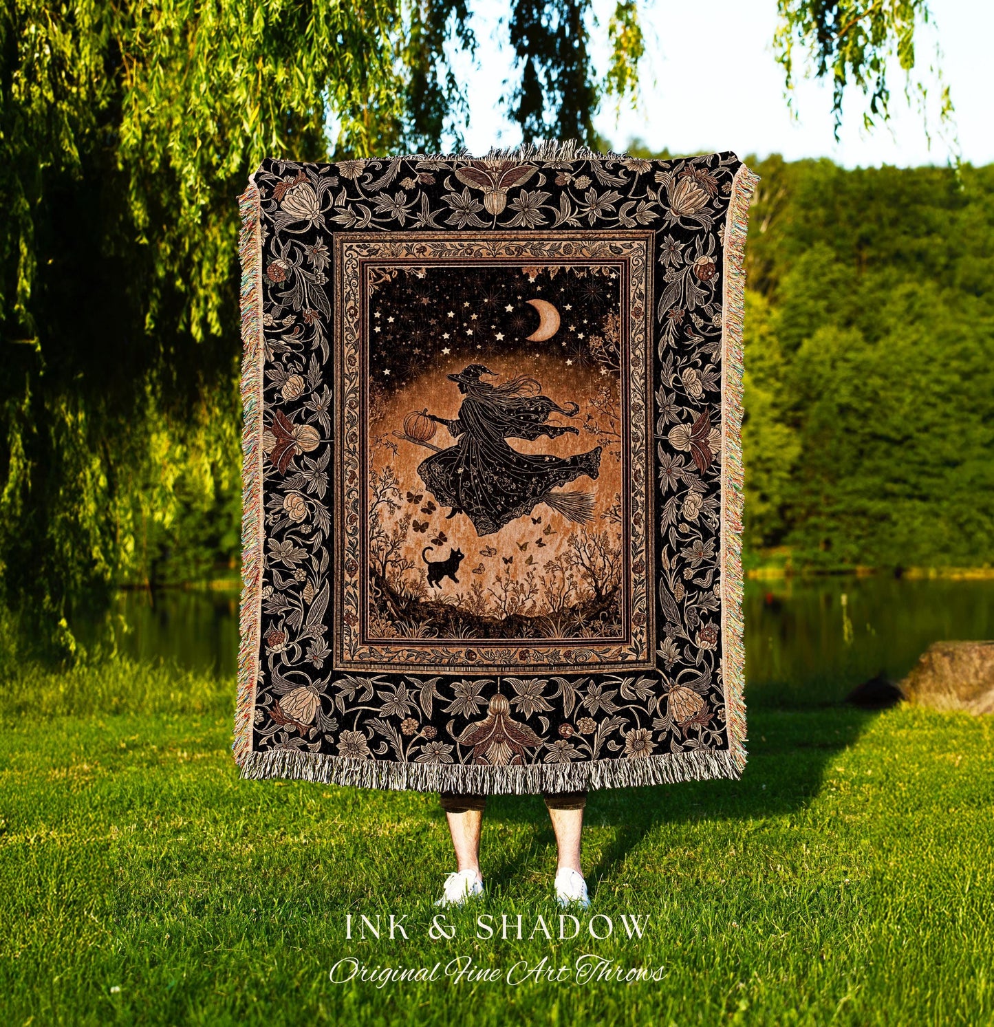 Amber Witch Gothic Folklore Blanket | Celestial Black Cat Halloween Decor Maximalist Woven Wall Tapestry Folklore Aesthetic Cottagecore |