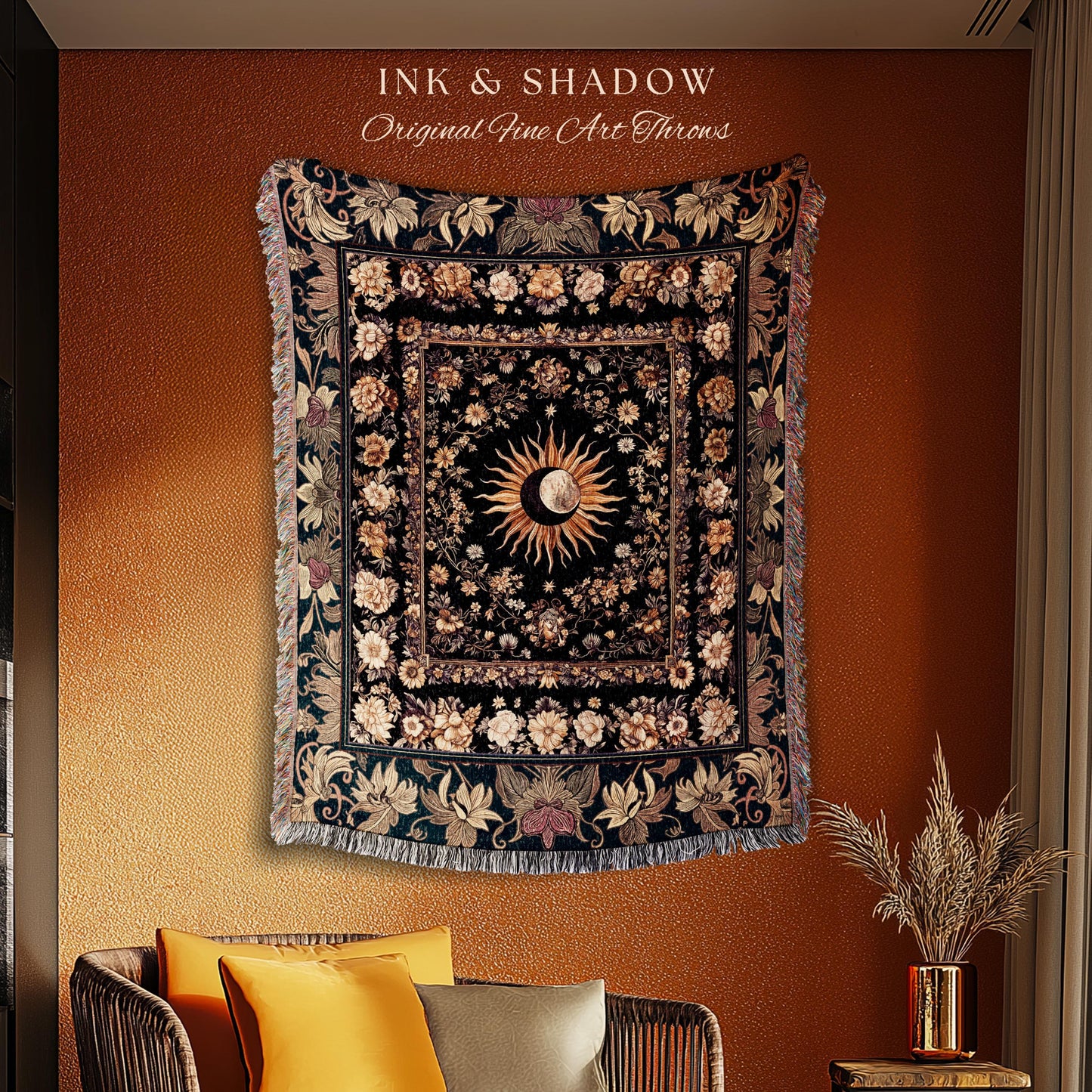 Cosmic Elegance Celestial Wall Tapestry | Dark Cottagecore Moon & Sun Ethereal Woven Throw Blanket Divine Aesthetic Witchy Bohemian Eclectic