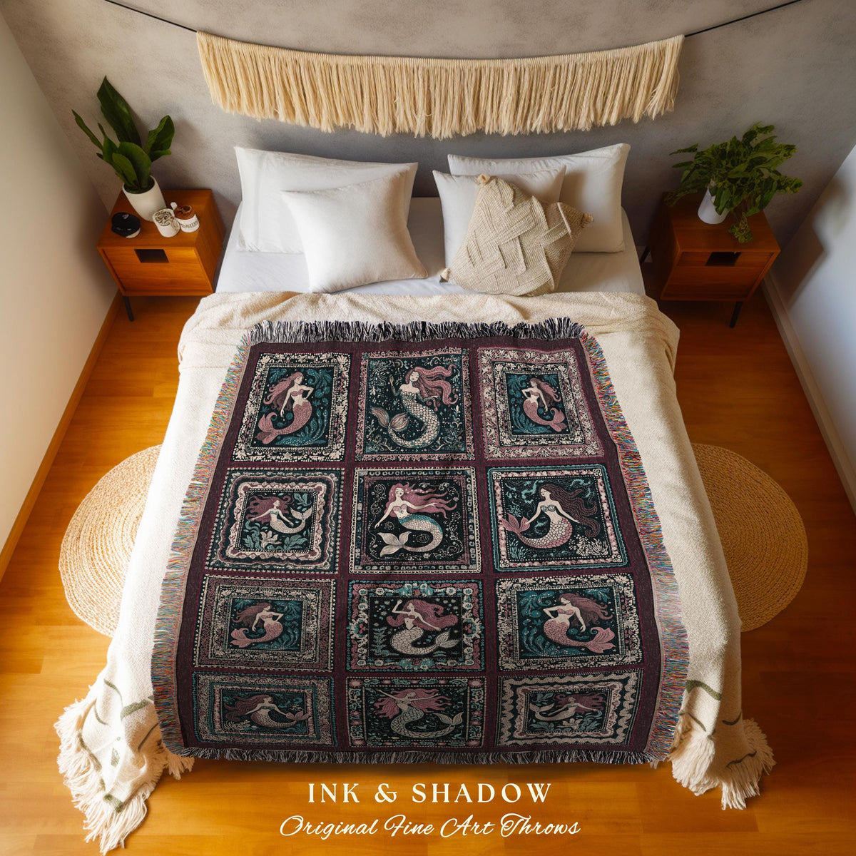 Retro Mermaid Throw Blanket Cute | Vintage Sea Queen Mystical Selkie Tapestry Woven Throw Coastal Cottagecore Aesthetic Enchanted Fantasy |