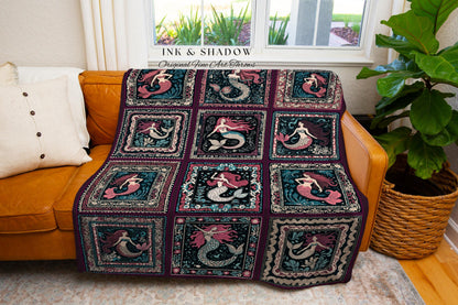 Retro Mermaid Throw Blanket Cute | Vintage Sea Queen Mystical Selkie Tapestry Woven Throw Coastal Cottagecore Aesthetic Enchanted Fantasy |