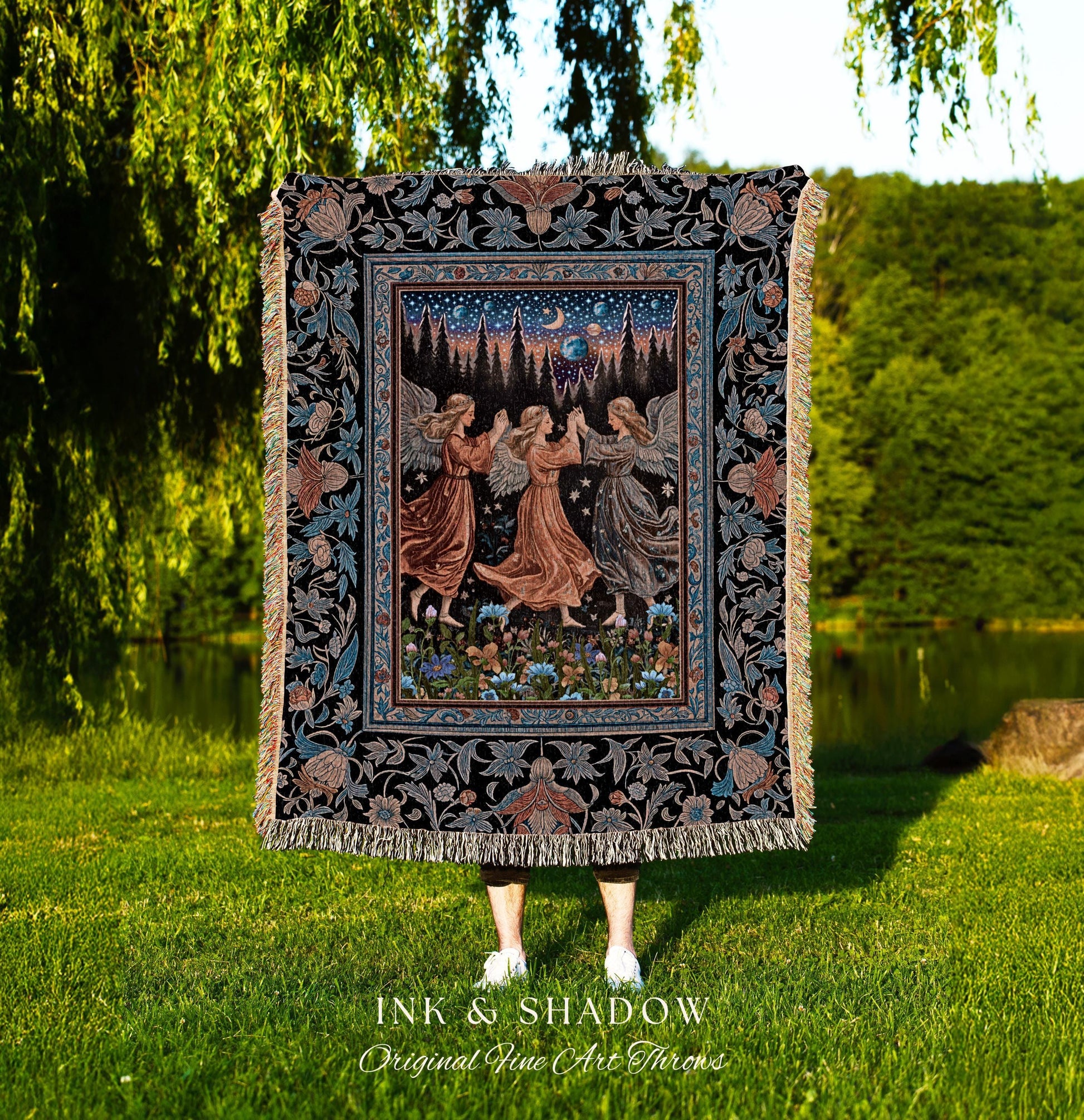 Woodland Folklore Fairies Tapestry | Medieval Moonlit Bohemian Woven Throw Blanket Dreamy Spirits Midsummer Aesthetic Dark Academia Bedroom