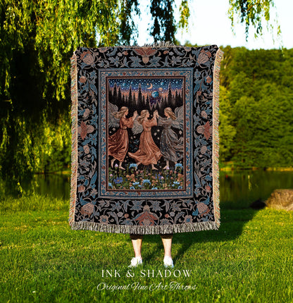 Woodland Folklore Fairies Tapestry | Medieval Moonlit Bohemian Woven Throw Blanket Dreamy Spirits Midsummer Aesthetic Dark Academia Bedroom