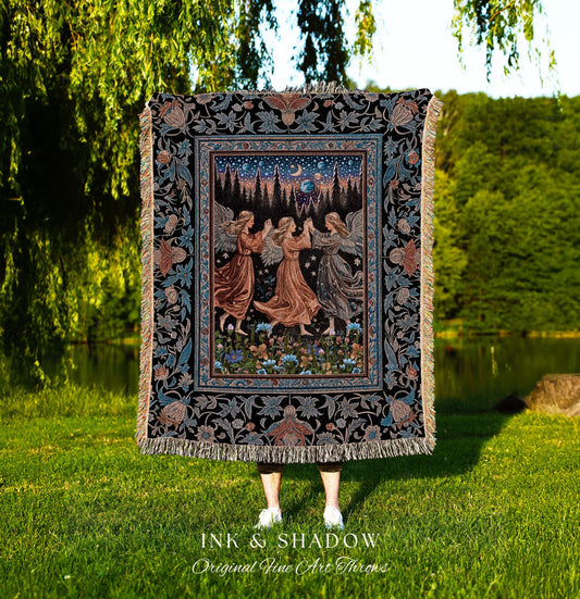 Woodland Folklore Fairies Tapestry | Medieval Moonlit Bohemian Woven Throw Blanket Dreamy Spirits Midsummer Aesthetic Dark Academia Bedroom