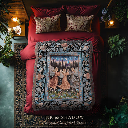 Woodland Folklore Fairies Tapestry | Medieval Moonlit Bohemian Woven Throw Blanket Dreamy Spirits Midsummer Aesthetic Dark Academia Bedroom