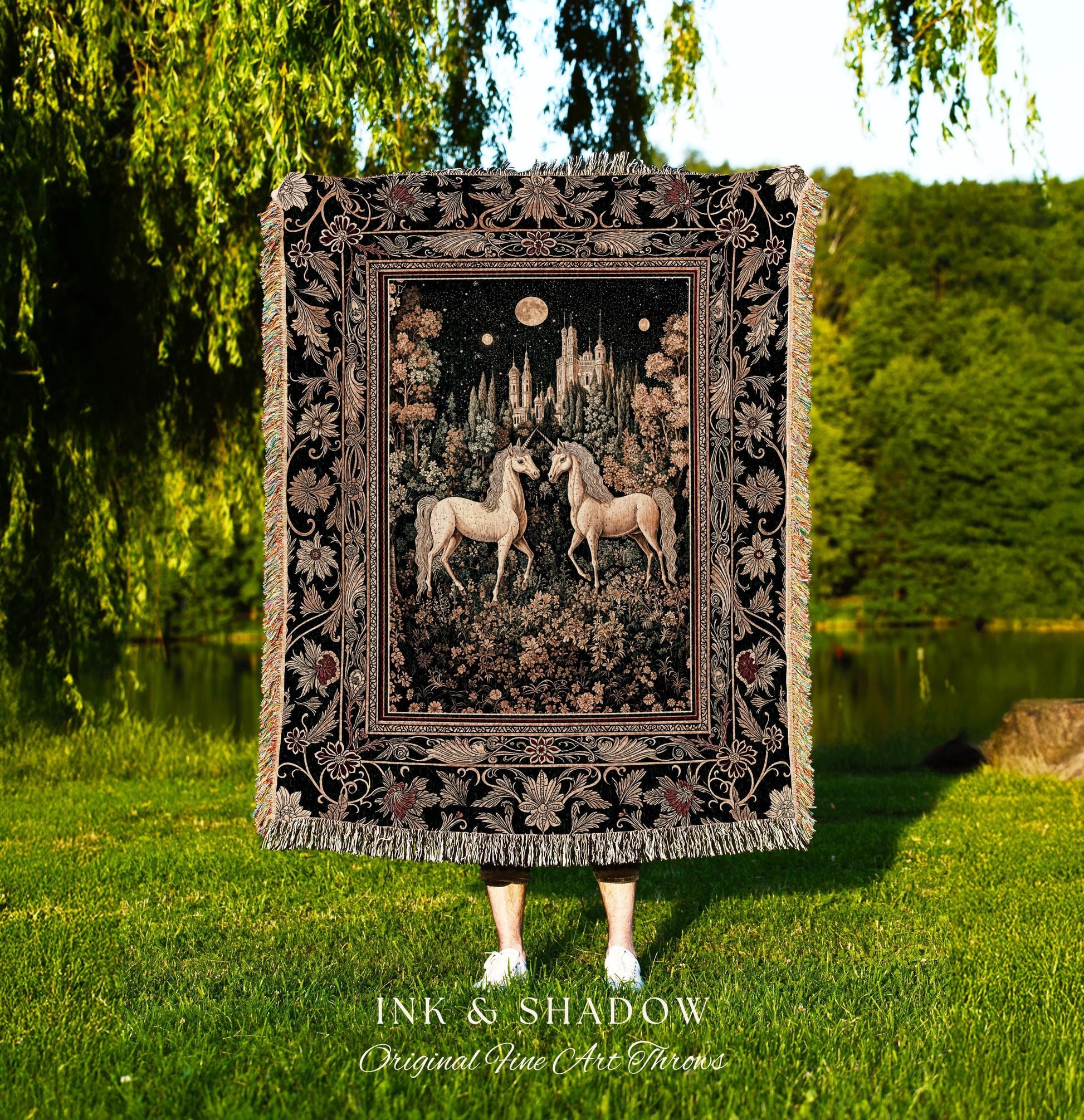 Royal Aesthetic Woven Unicorn Throw | Fairycore Tapestry Rustic Coverlet Home Accent Gothic Whimsical Florals Storybook Blanket Whimsical |