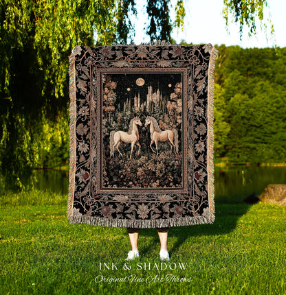 Royal Aesthetic Woven Unicorn Throw | Fairycore Tapestry Rustic Coverlet Home Accent Gothic Whimsical Florals Storybook Blanket Whimsical |