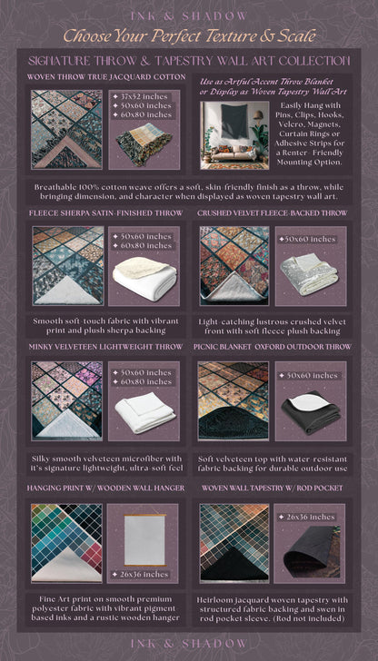 The image is a collection of various textures and patterns, including woven throw and tapestry wall art, as well as printed fabrics and textiles.