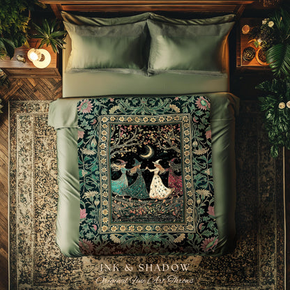 Whimsical Witch Sisterhood Throw Blanket | Dreamy Sisterhood Forest Baroque Floral Gothic Decor Mystic Boho Sorceress Woodland Wall Tapestry