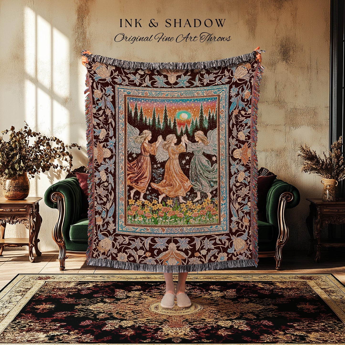 Retro Fairy Meadow Cozy Throw Blanket | Whimsigothic Wall Tapestry Cottagecore Dreamy Medieval Academia Aesthetic Mystic Folklore Enchanted