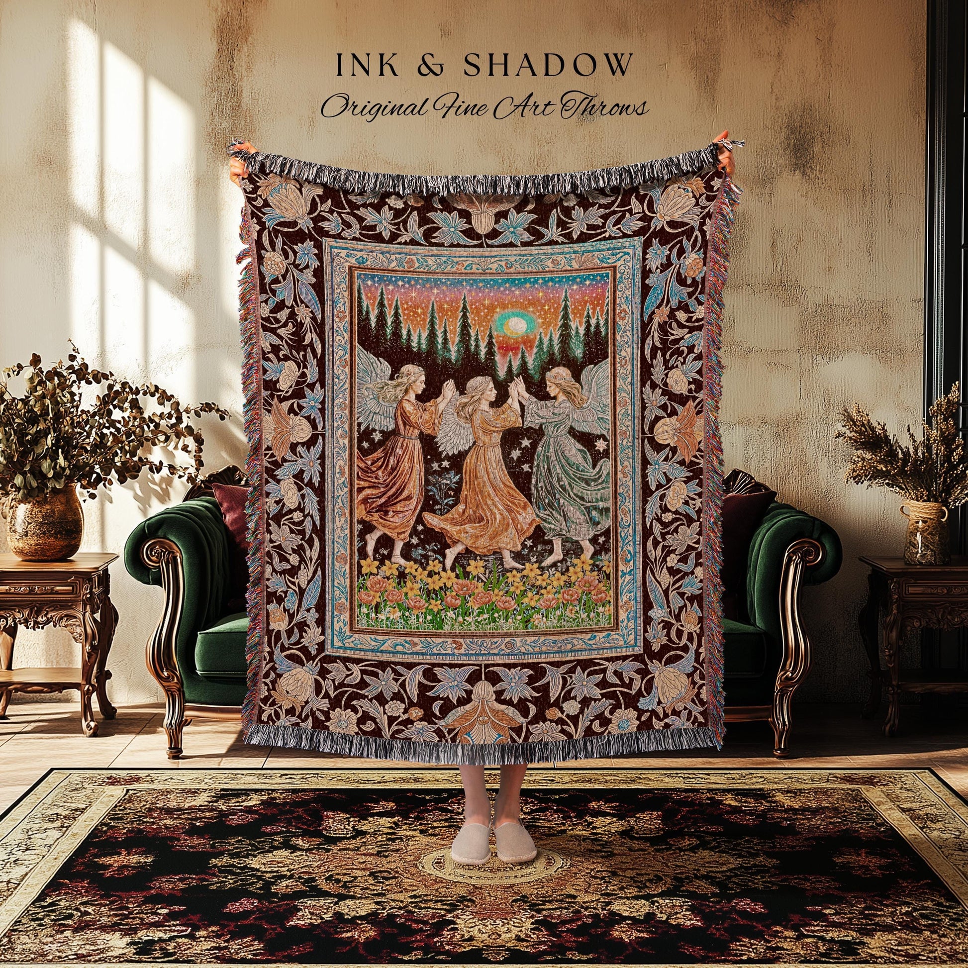 Retro Fairy Meadow Cozy Throw Blanket | Whimsigothic Wall Tapestry Cottagecore Dreamy Medieval Academia Aesthetic Mystic Folklore Enchanted