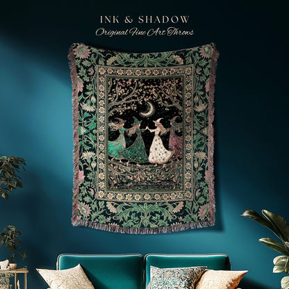 Whimsical Witch Sisterhood Throw Blanket | Dreamy Sisterhood Forest Baroque Floral Gothic Decor Mystic Boho Sorceress Woodland Wall Tapestry