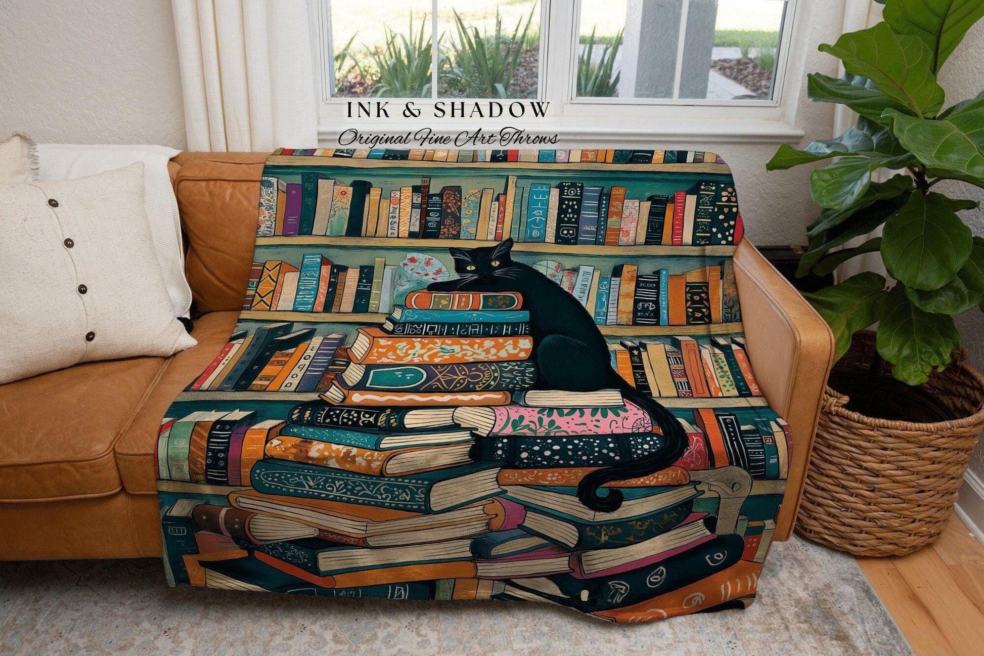 Whimsical Black Cat Book Lover Woven Tapestry Blanket | Literary Library Bookshelf Dark Academia Art Cozy Reading Nook Cute Cottagecore Home