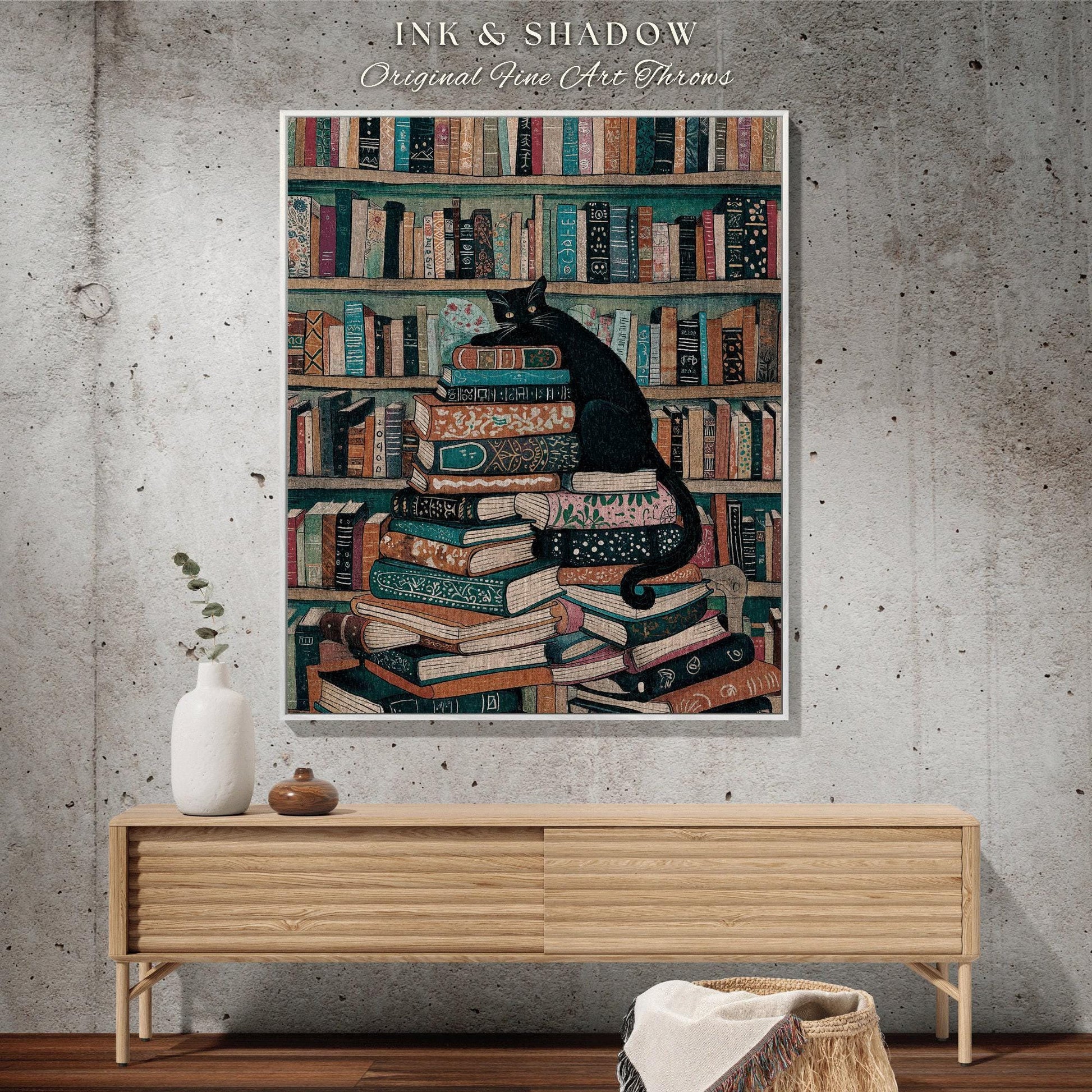 Whimsical Black Cat Book Lover Woven Tapestry Blanket | Literary Library Bookshelf Dark Academia Art Cozy Reading Nook Cute Cottagecore Home