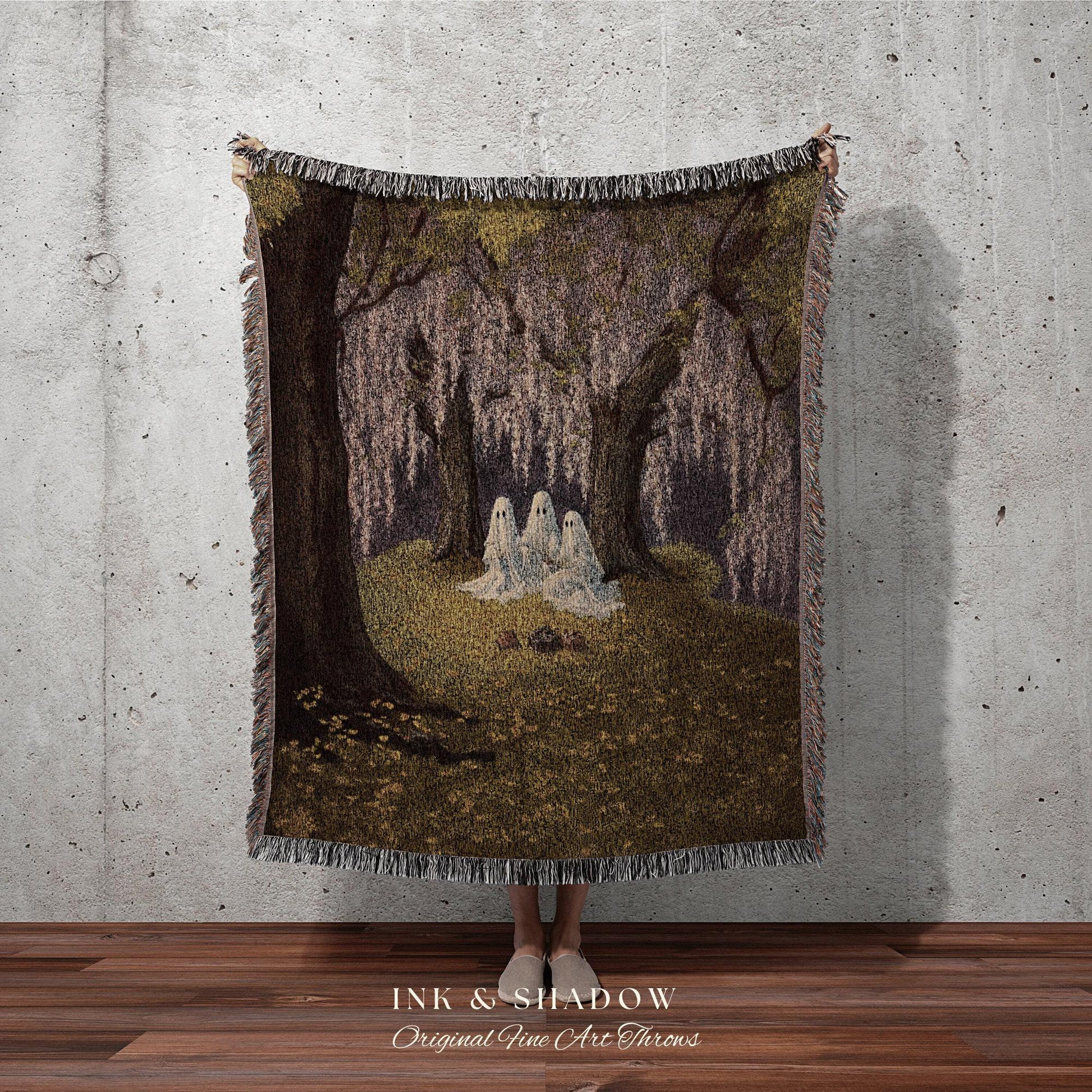 Ghost Picnic Blanket Floral Tapestry Woven Wall Hanging | Halloween Vintage Ghost Art Woven Tapestry Blanket Halloween Decor Dark Academia