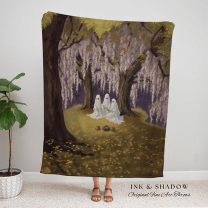Ghost Picnic Blanket Floral Tapestry Woven Wall Hanging | Halloween Vintage Ghost Art Woven Tapestry Blanket Halloween Decor Dark Academia