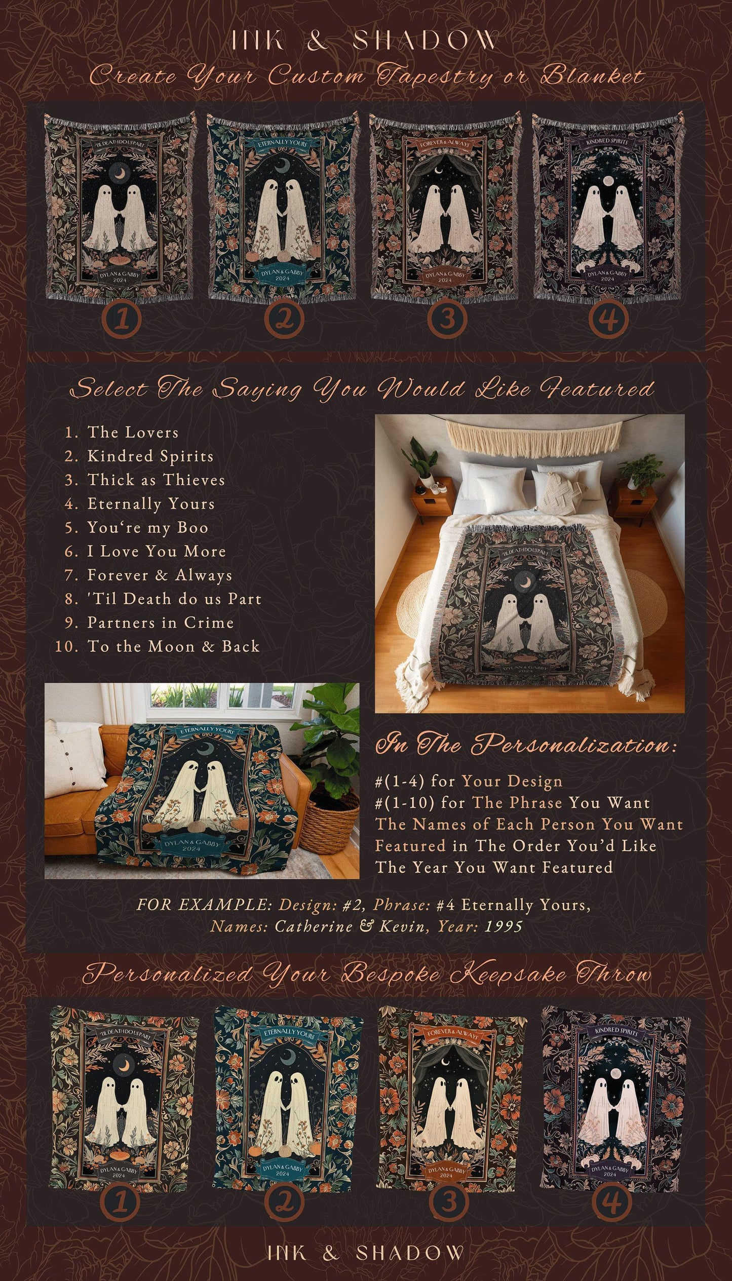 Mr & Mrs Ghost Couple Wedding Tapestry | Woodland Gothic Personalized Blanket Folklore Aesthetic Wedding Gift Ghost Gift For Girlfriend |