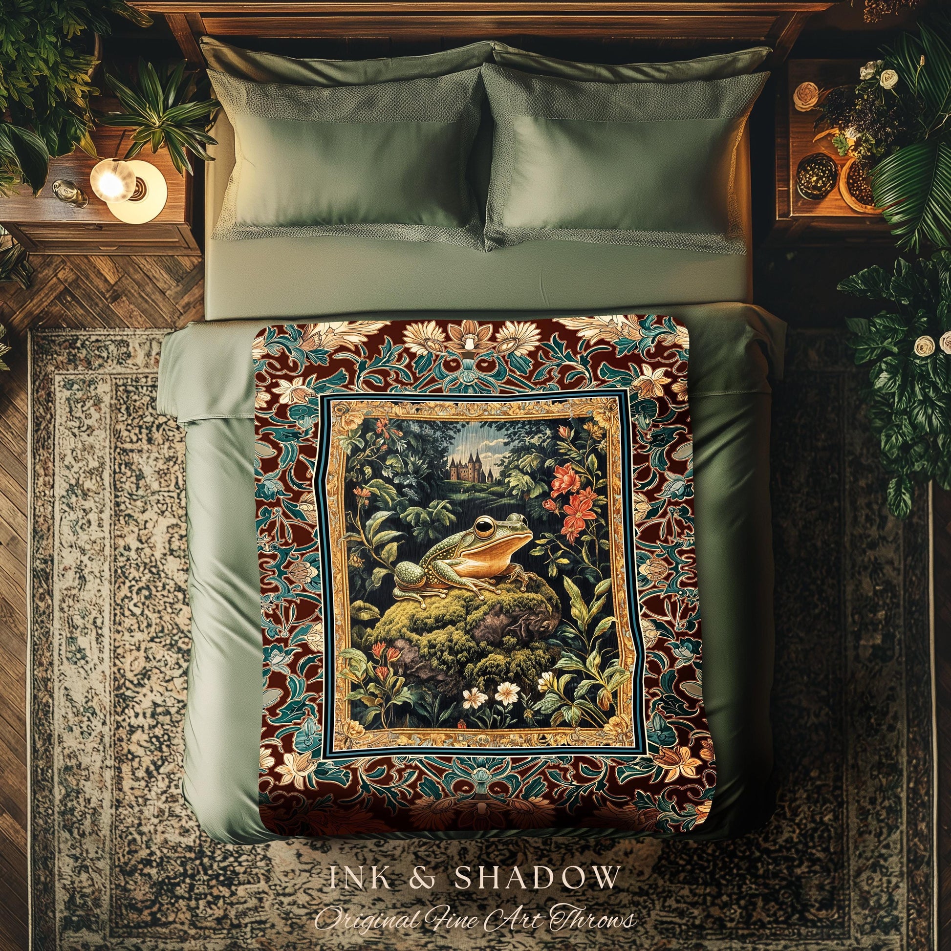 Storybook Aesthetic Frog Throw Blanket | Bohemian Living Room Floral Ornate Dark Victorian Cottagecore Toad Tapestry Whimsical Eclectic Home