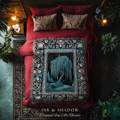 Mystic Weeping Willow Throw Blanket | Moonlit Castle Moody Starry Night Woodland Folklore Fantasy Dark Academia Woven Tapestry Decor Dreamy