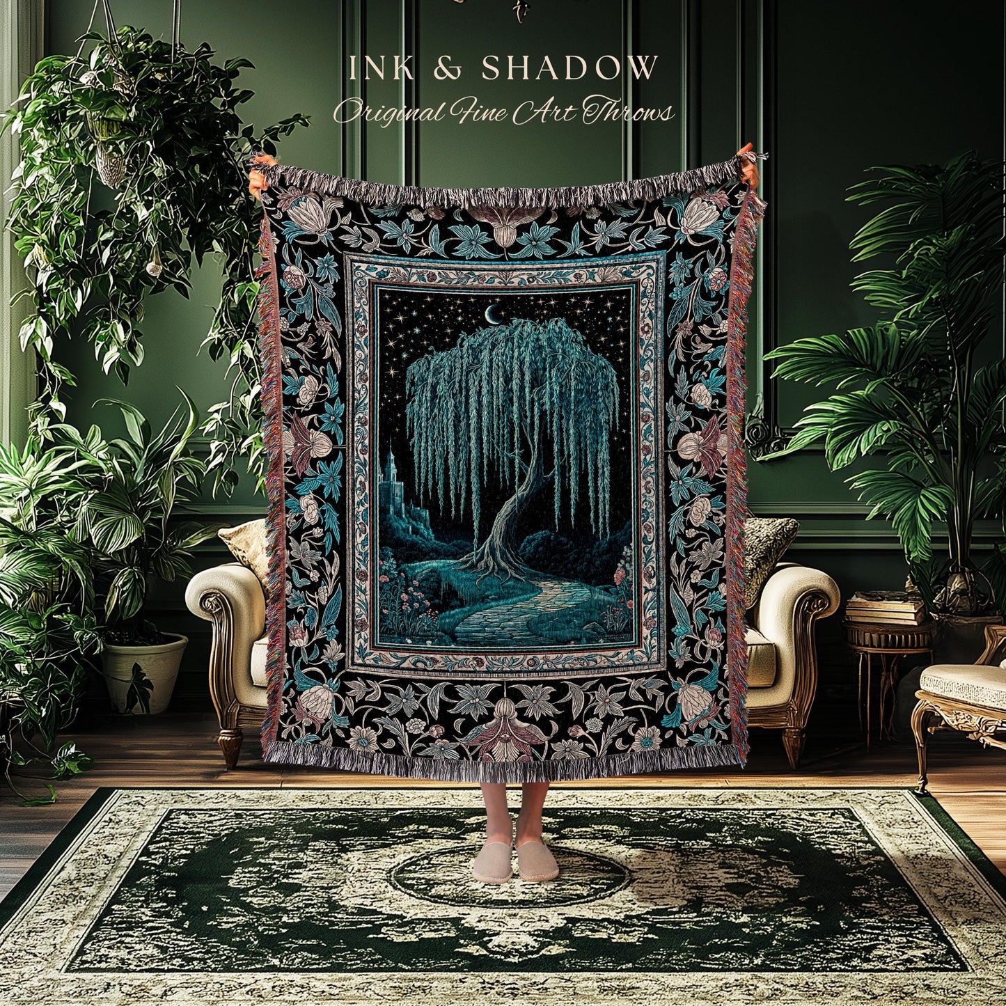 Mystic Weeping Willow Throw Blanket | Moonlit Castle Moody Starry Night Woodland Folklore Fantasy Dark Academia Woven Tapestry Decor Dreamy