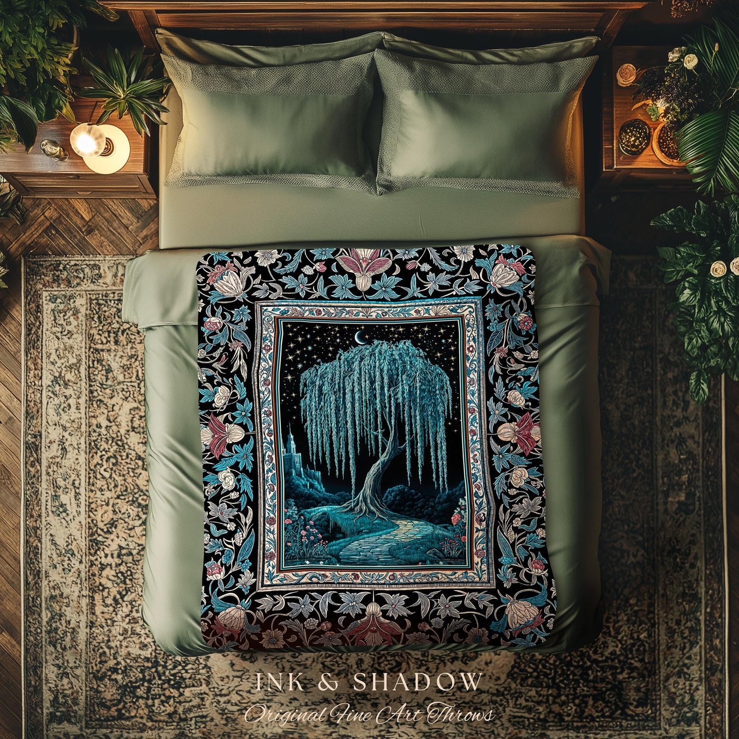 Mystic Weeping Willow Throw Blanket | Moonlit Castle Moody Starry Night Woodland Folklore Fantasy Dark Academia Woven Tapestry Decor Dreamy