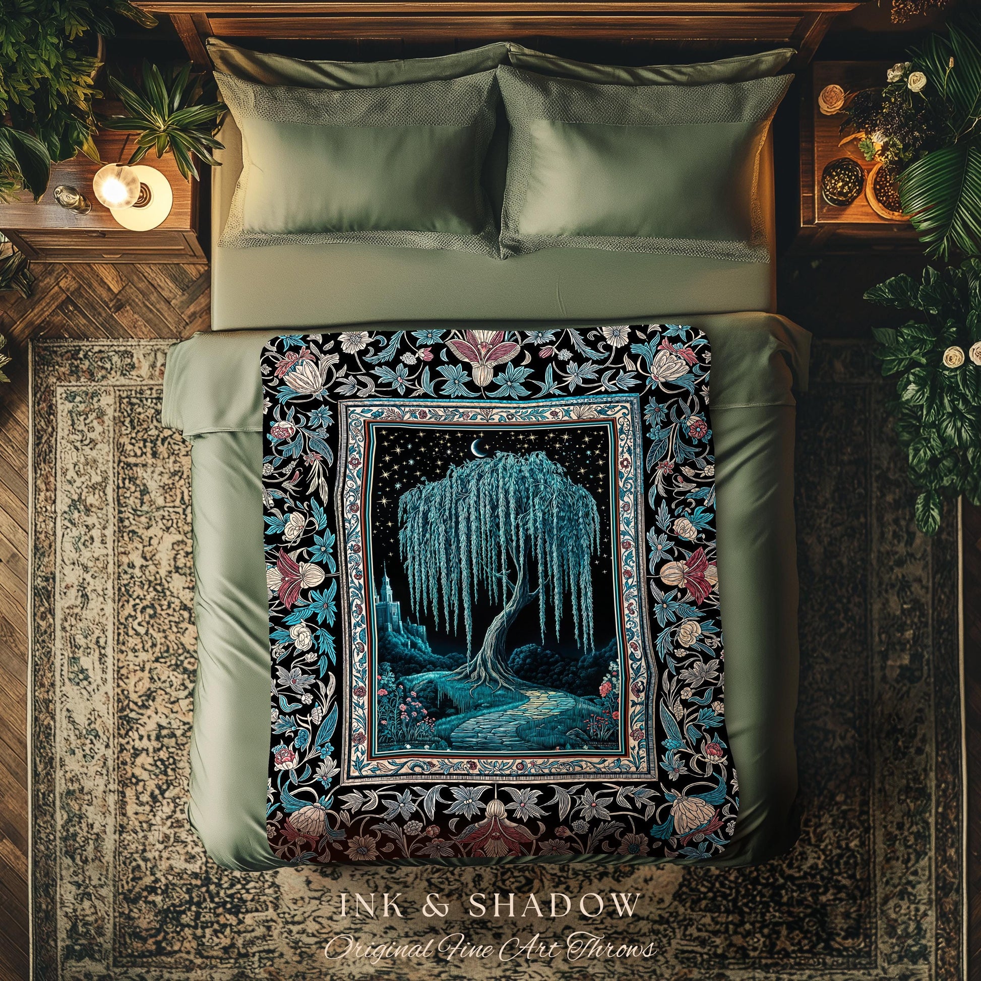 Mystic Weeping Willow Throw Blanket | Moonlit Castle Moody Starry Night Woodland Folklore Fantasy Dark Academia Woven Tapestry Decor Dreamy