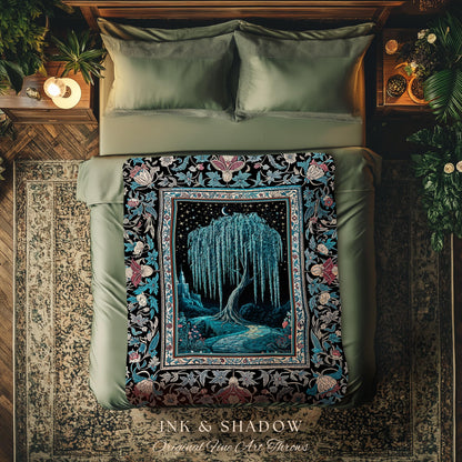 Mystic Weeping Willow Throw Blanket | Moonlit Castle Moody Starry Night Woodland Folklore Fantasy Dark Academia Woven Tapestry Decor Dreamy
