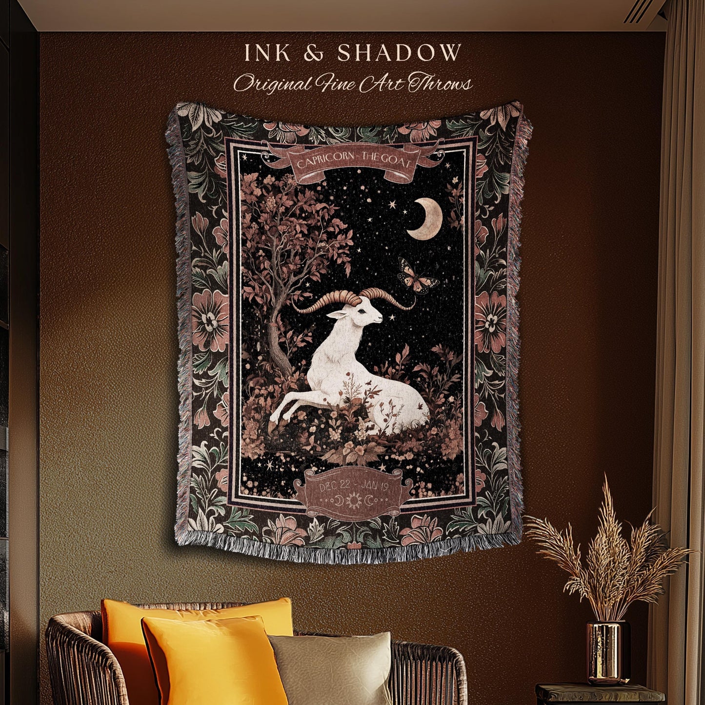 Gothic Romantic Capricorn Zodiac Sign Blanket Celestial Forestcore Throw | The Goat Astrology Victorian Constellation Tapestry Birthday Gift