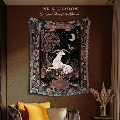 Gothic Romantic Capricorn Zodiac Sign Blanket Celestial Forestcore Throw | The Goat Astrology Victorian Constellation Tapestry Birthday Gift