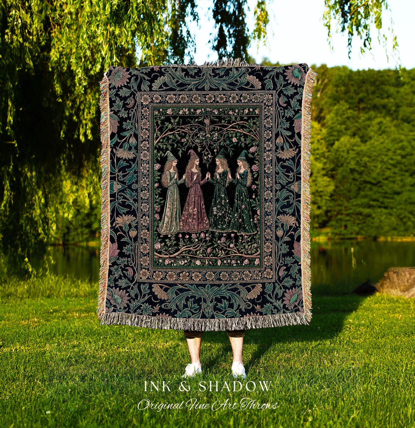 Storybook Aesthetic Witch Woven Tapestry | Whimsical Crowcore Arcane Gothic Forest Maiden Medieval Enchanted Magic Throw Blanket Botanical