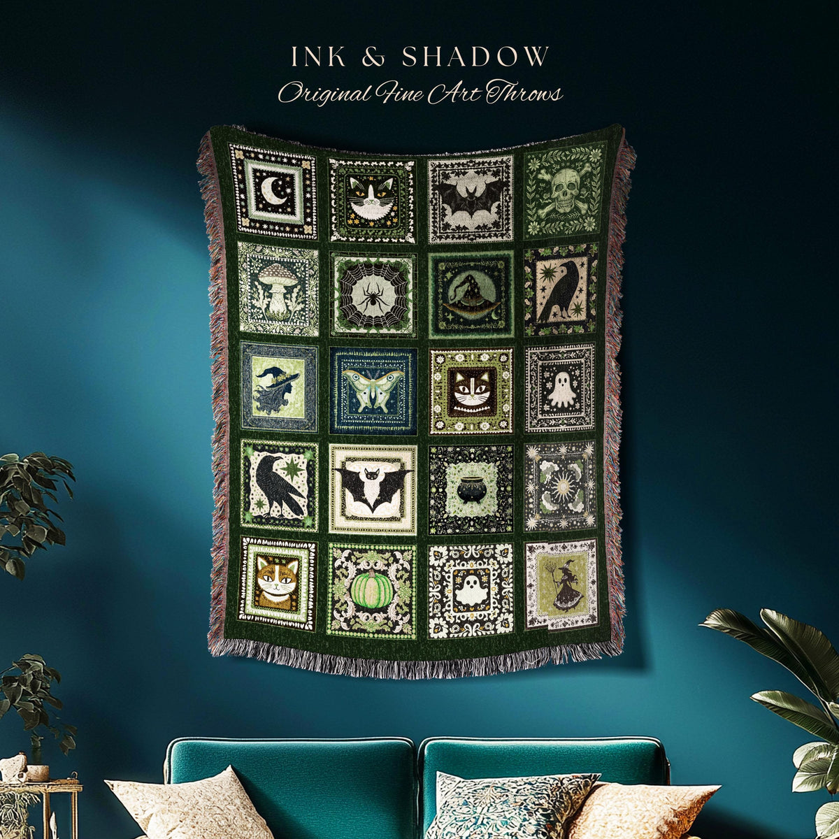 Folk Art Patchwork Green Woven Tapestry Throw Blanket Wall Hanging | Cottage Goth Halloween Spooky Season Goblincore Decor Cozy Whimsy Home