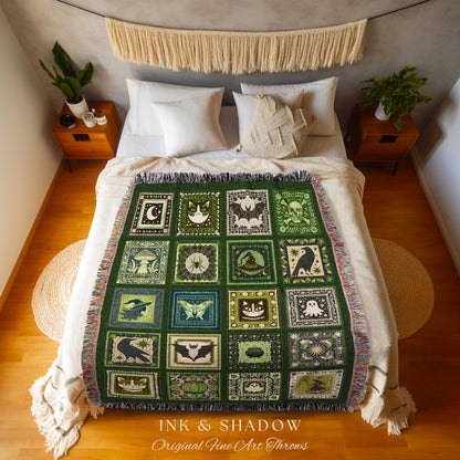 Folk Art Patchwork Green Woven Tapestry Throw Blanket Wall Hanging | Cottage Goth Halloween Spooky Season Goblincore Decor Cozy Whimsy Home