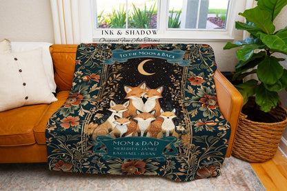 Custom Fox Family Blanket with Names Meaningful Keepsake Gift From Kids | Celestial Woodland Cottagecore Personalized Parent Child Tapestry