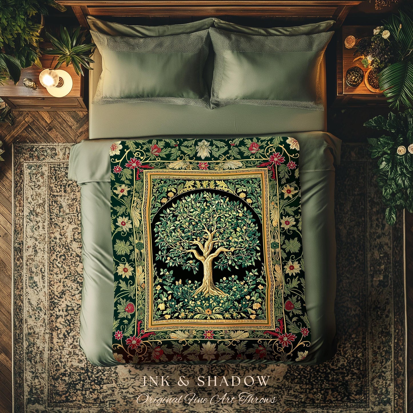 Forest Green Heritage Tree Tapestry Blanket Jacquard Woven Coverlet