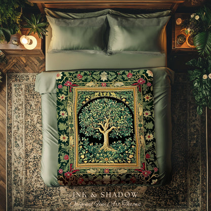 Forest Green Heritage Tree Tapestry Blanket Jacquard Woven Coverlet
