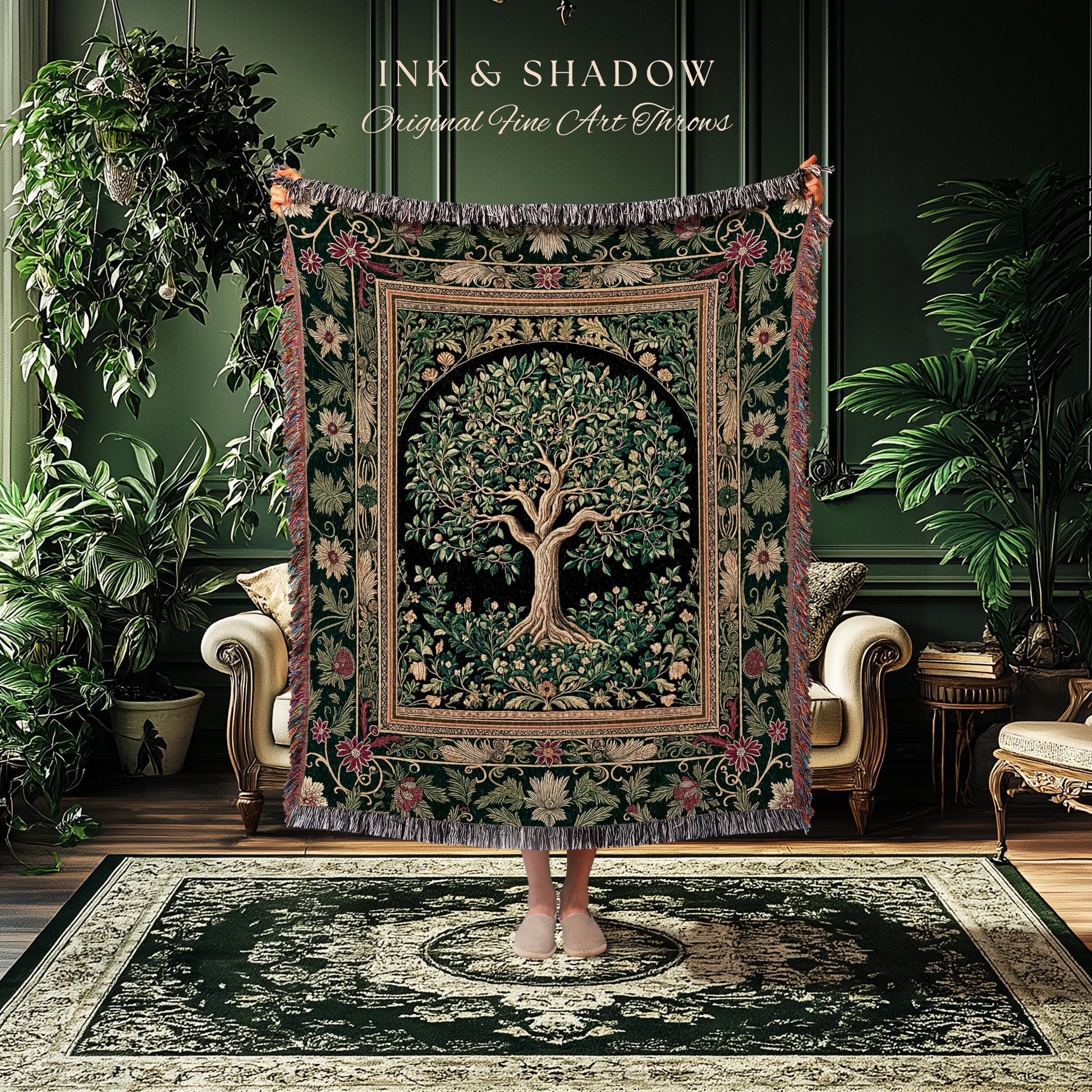 Forest Green Heritage Tree Tapestry Blanket Jacquard Woven Coverlet