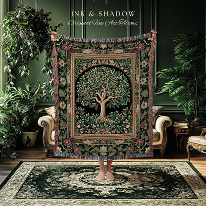 Forest Green Heritage Tree Tapestry Blanket Jacquard Woven Coverlet