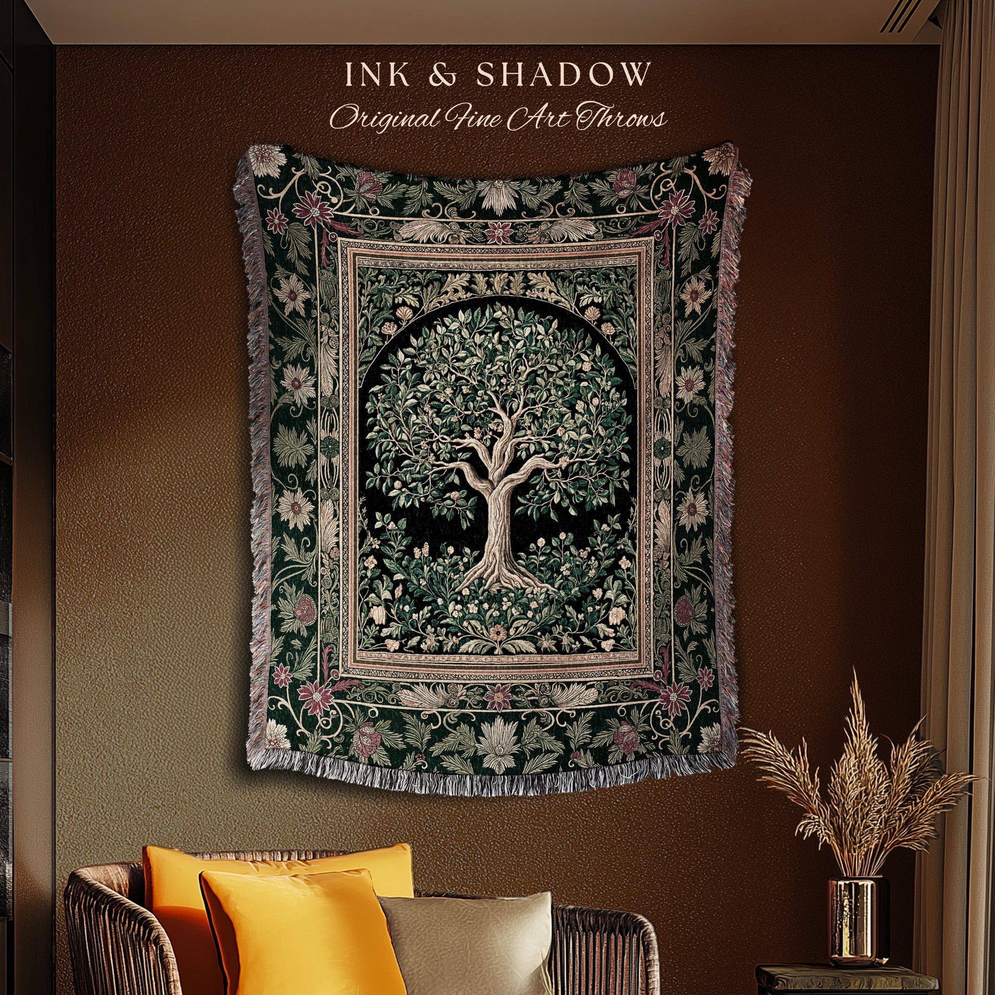 Forest Green Heritage Tree Tapestry Blanket Jacquard Woven Coverlet
