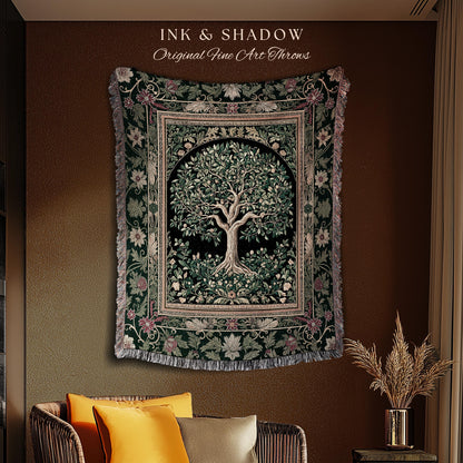 Forest Green Heritage Tree Tapestry Blanket Jacquard Woven Coverlet