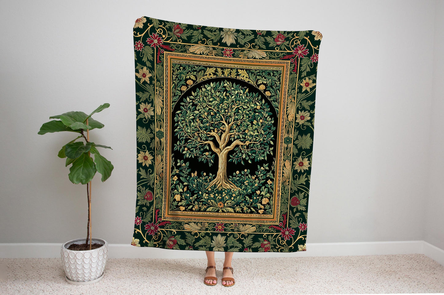 Forest Green Heritage Tree Tapestry Blanket Jacquard Woven Coverlet