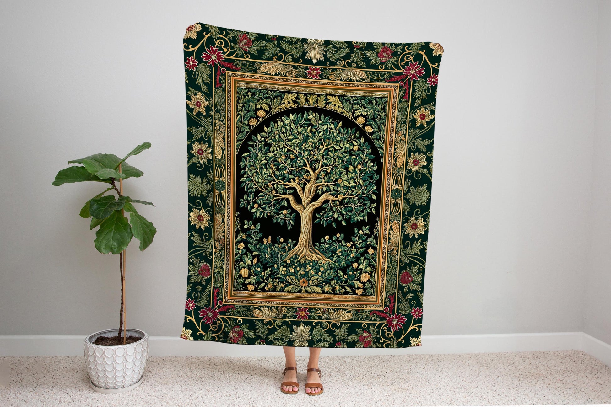 Forest Green Heritage Tree Tapestry Blanket Jacquard Woven Coverlet
