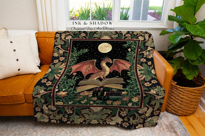 Ethereal Moonlit Dragon Tapestry Blanket | Mysticism Aesthetic Dark Cottagecore Decor for Book Nook Whimsigothic Bedroom Medieval Gothic |